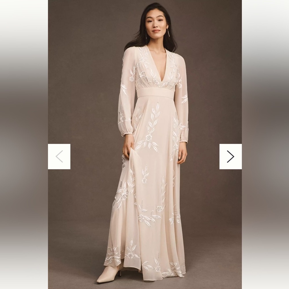 Anthropologie BHLDN Belize Embroidered A-Line Long Sleeve V-Neck Gown Size 4 NWT - Picture 1 of 9